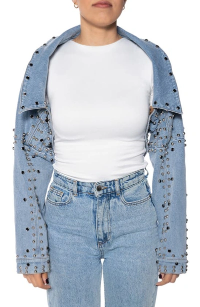 Azalea Wang Studded Crop Denim Jacket In Blue