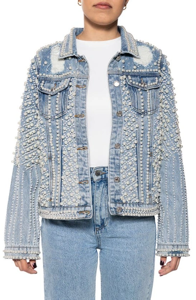 Azalea Wang Imitation Pearl Denim Jacket In Blur