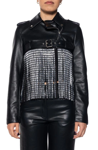 Azalea Wang Super Rhinestone Fringe Belted Faux Leather Crop Moto Jacket In Black