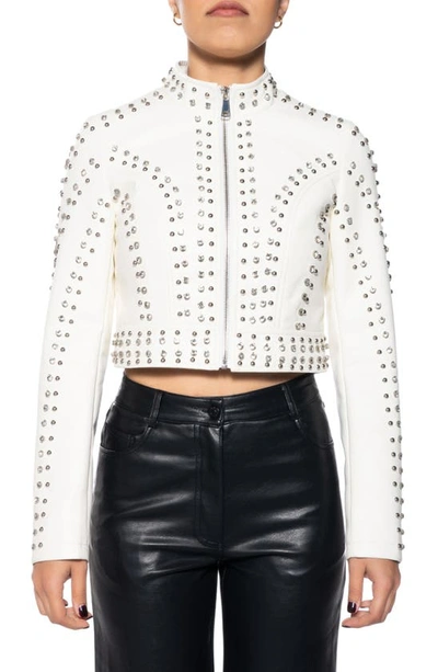 Azalea Wang Studded Faux Leather Crop Moto Jacket In White