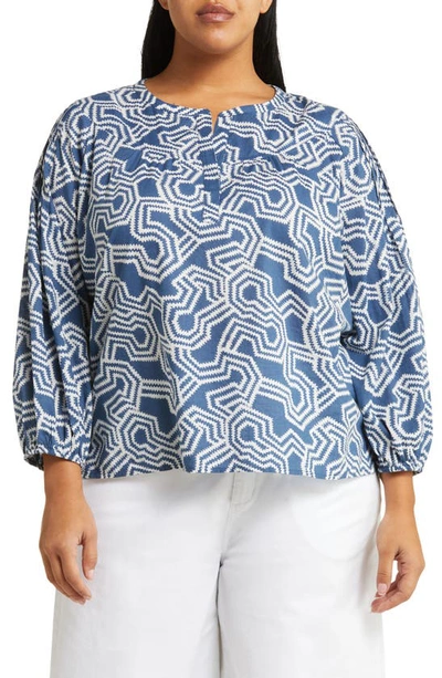 Caslon Print Split Neck Cotton Popover Top In Blue Ensign- Ivory Ladder Geo