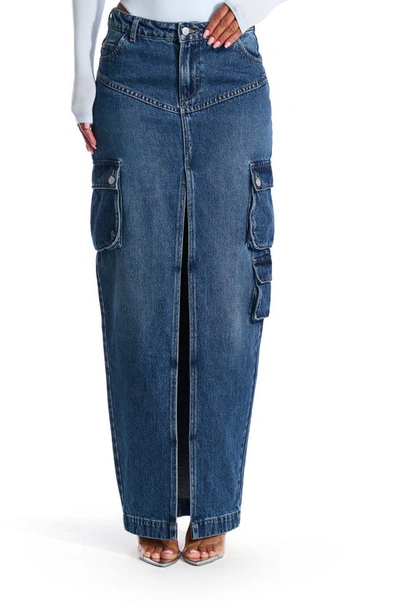 Naked Wardrobe Maxi Cargo Denim Skirt In Indigo Wash