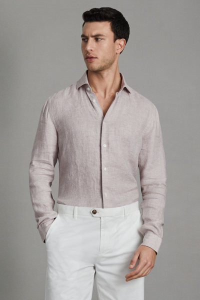 Reiss Oatmeal Puppytooth Linen Button-through Shirt In Oatmeal Puppytooth