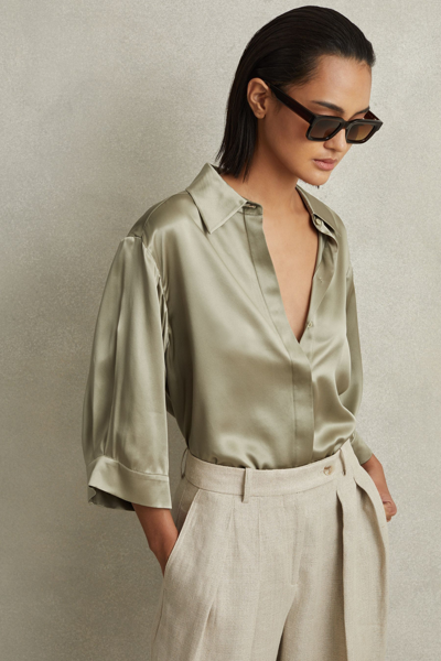 REISS WINNIE - KHAKI SILK RELAXED SLEEVE BLOUSE, US 8