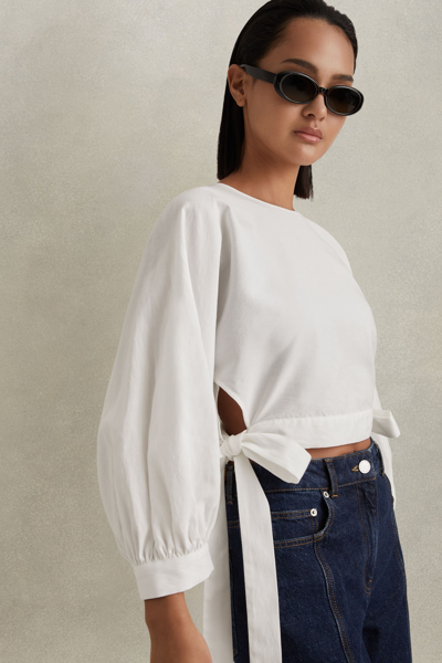 Reiss Immy - Ivory Cropped Blouson Sleeve Top, Us 10