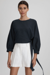 REISS IMMY - NAVY CROPPED BLOUSON SLEEVE TOP, US 8