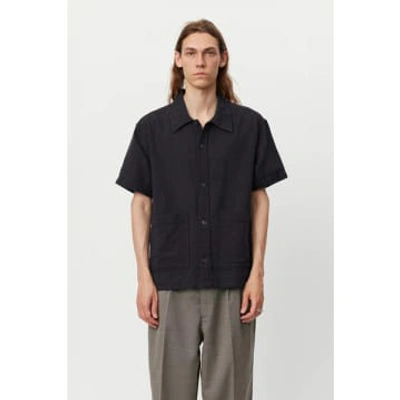 Mfpen Stretch-cotton And Linen-blend Seersucker Shirt In Black