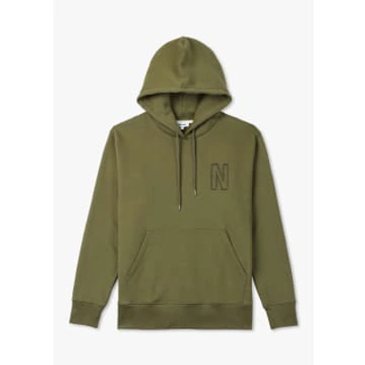Norse Projects Mens Arne Relaxed Organic Brushed Fleece N Logo Hoodie In Green