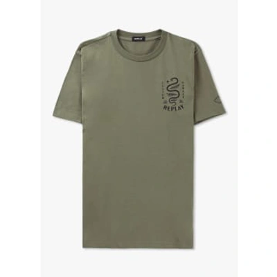 Replay Mens Boost Garage Snake Print T-shirt In Light Military In Green