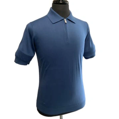 Filippo De Laurentiis Blue Zip Neck Knitted Cotton Polo Shirt