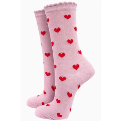 Miss Shorthair Ltd Heart Print Cotton Blend Glitter Socks In Pink