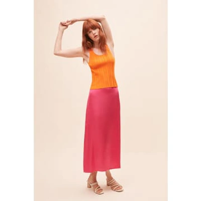 Suncoo Fun Satin Plain Midi Skirt In Fuchsia In Pink