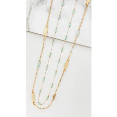 Envy Double Layer Necklace With Battered Gold Ovals And Green Stones