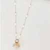 ENVY LONG GOLD AND WHITE BEAD NECKLACE WITH WHITE STONE PENDANT
