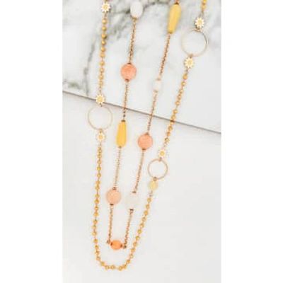 Envy Long Gold Beaded Necklace With Daisies And Semi Precious Stones