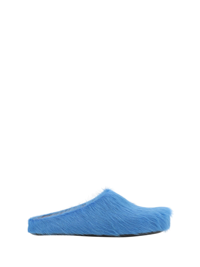 Marni Long Hair Leather Fussbett Sabot Loafers In Blue