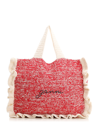 Ganni Cotton Crochet Ruffled Tote Bag In Egret