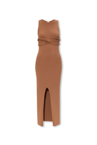 Nanushka Twist-detail Ribbed-knit Dress In Camel