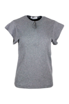 FABIANA FILIPPI SHORT-SLEEVED ROUND-NECK COTTON JERSEY T-SHIRT WITH ZIP AND EMBELLISHED WITH ROWS OF BRILLIANT JEWEL