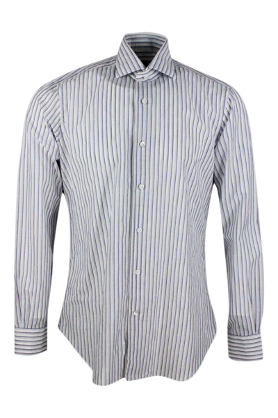 Barba Napoli Long-sleeved Cult Shirt With French Collar With Gray And Blue Stripes On A White Base In Cotton And 