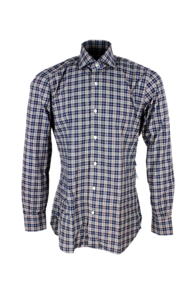 Barba Napoli Cult Shirt With Two-tone Checked Pattern In Blu