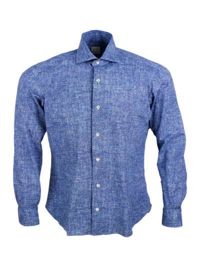 Barba Napoli Cult Shirt In Super Stretch In Denim Melange Color With Mother-of-pearl Buttons And Italian Collar