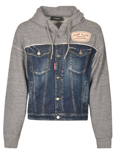 Dsquared2 Denim Buttoned Hoodie In Grey/black