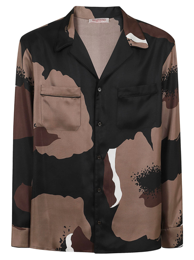 Valentino Silk Twill Pyjama Shirt With Flower Portrait Print In Black/clay/ivory