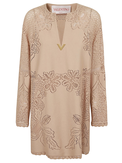 Valentino Women's Dress In Cotton Guipure Jardin Plat In Poudre