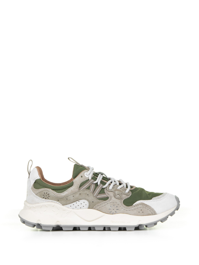 Flower Mountain Yamano Green Sneakers In Suede And Nylon In Off White Military