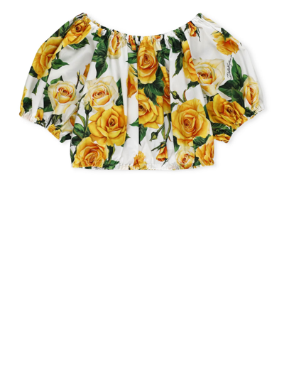 Dolce & Gabbana Kids' Rose-print Cotton Blouse In Multicolore