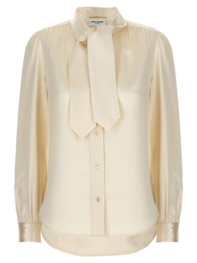 Saint Laurent Lavallière-neck Blouse In Silk Satin In White