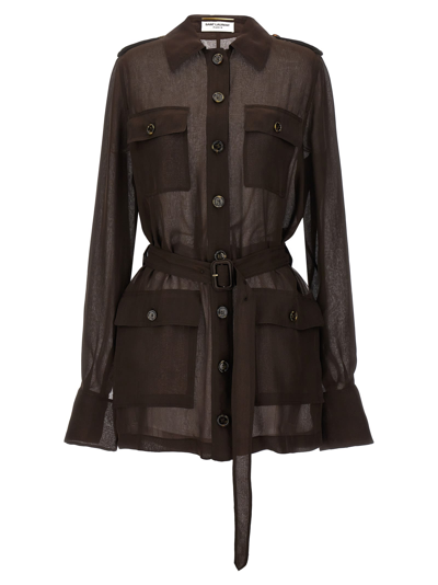 Saint Laurent Saharienne Silk Dress In Brown