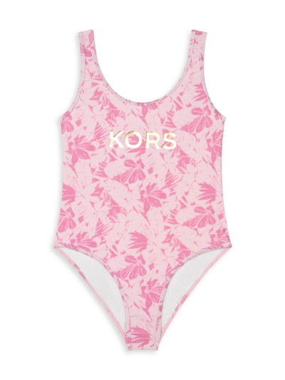 Michael Kors Kids' Floral-motif Logo-print Swimsuit In Washed Pink