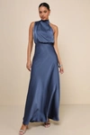 Lulus Distinctive Charm Slate Blue Satin Asymmetrical Maxi Dress In Slate Blue