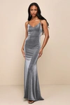 Lulus Toasting The Evening Shiny Silver And Black Backless Maxi Dress In Silver And Black