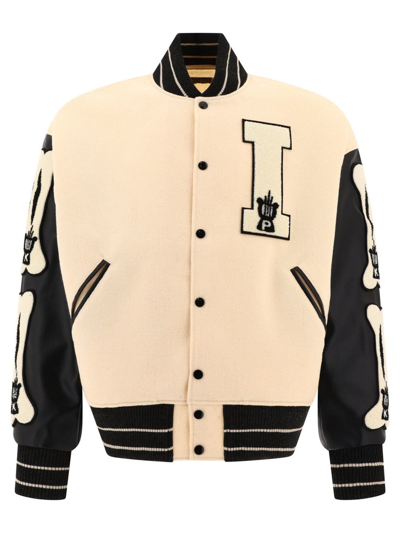 Kapital Faux Leather And Wool-blend Varsity Jacket In Beige