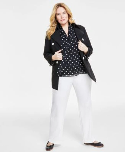 Anne Klein Plus Size Dot Print Tie Neck Shirred Blouse High Rise Pull On Bootcut Pants Double Breasted Trench J In Anne Black,anne White