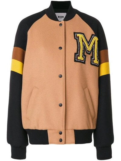 Msgm College Bomber Jacket - Brown In Multicolor