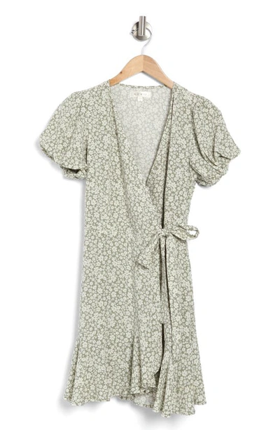 Row A Floral Puff Sleeve Wrap Minidress In Sage Floral