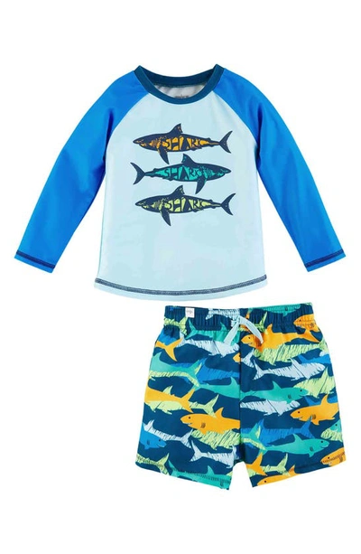 Mud Pie Kids' Shark Long Sleeve Rashguard & Shorts Set In Blue