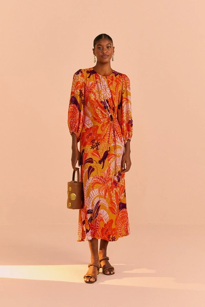 Farm Rio Beige Jungle Panther Lenzing Ecovero Viscose Midi Dress In Jungle Panther Beige