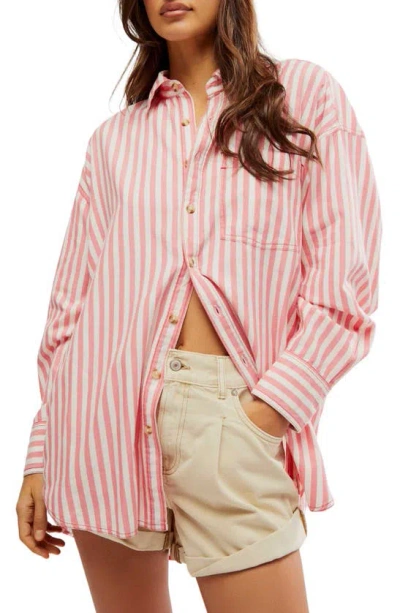 Free People Freddie Stripe Oversize Button-up Shirt In Coral Combo