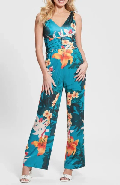 Guess Women's Emily V-neck Ruched-waist Jumpsuit In Hawaian Susnet Print