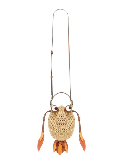 Anya Hindmarch Goldfish Leather-trimmed Embroidered Raffia Shoulder Bag In Beige