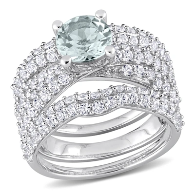 Mimi & Max 3 3/4ct Tgw Aquamarine Created White Sapphire Bridal Ring Set In Sterling Silver In Blue