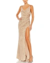 Mac Duggal Sequined Spaghetti Strap Cowl Back Gown In Beige