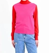 MOLLY BRACKEN KNIT COLOR BLOCK TURTLENECK SWEATER IN RED AND PINK