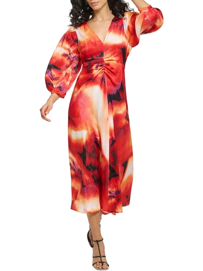 Dkny Womens Printed Puff Sleeves Midi Dress In Multi