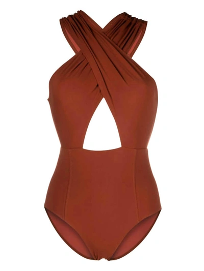 Ulla Johnson Women Keiran Maillot Mahogany Crossover Halter One Piece Swimsuit In Red
